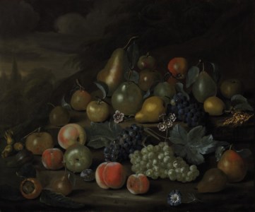 Still life of pears, peaches, apples, plums, grapes, hazelnuts, and flowers on a bank