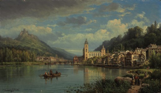 A capriccio river landscape with figures conversing and a town beyond