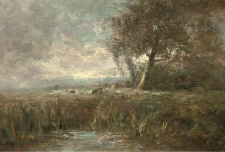 A landscape with pool, and cattle beyond