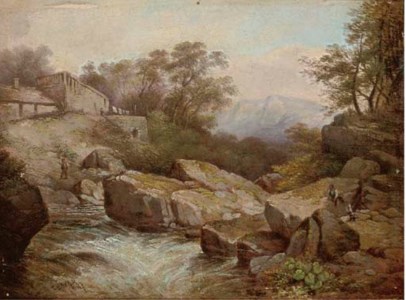 Figures by a cottage beside a river in spate