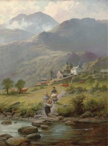 Washing laundry in the river, a mountainous landscape and farmstead beyond