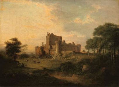Castle ruins in a landscape with figures and cattle in the foreground