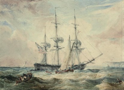 A frigate and smaller craft in a stiff breeze off the North Foreland