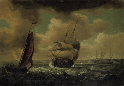 A Royal Naval frigate and other shipping in the Channel off Dover