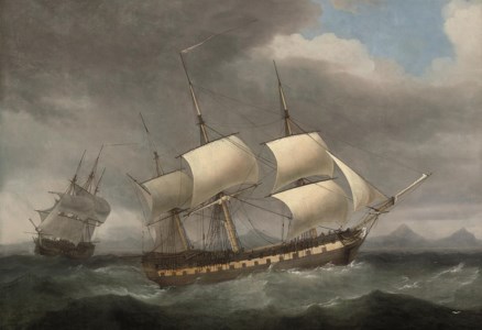 The Honourable [East India] Company's ship Alnwick Castle in two positions off a mountainous shore