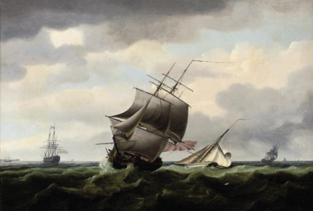A Royal Naval frigate running down the Channel with a cutter shortening sail off her stern and a large man-o'war anchored off the North Foreland