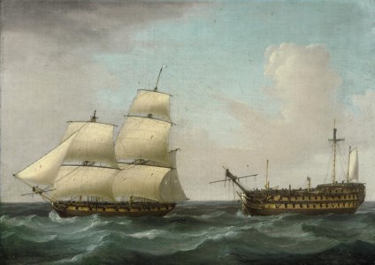 A dismasted '74' under tow by a battle-scarred sloop