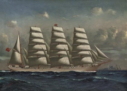 The four-masted barque Andorinha in full sail off the Australian coast
