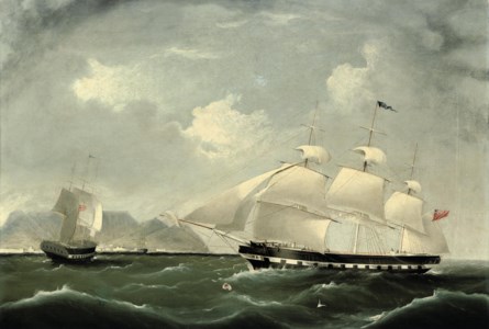 An East Indiaman in two positions in Table Bay heading into Cape Town