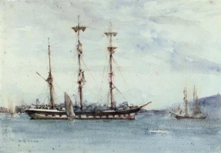 A windjammer at anchor in the harbour at Falmouth