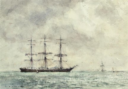 A windjammer at anchor with the sun breaking through the clouds
