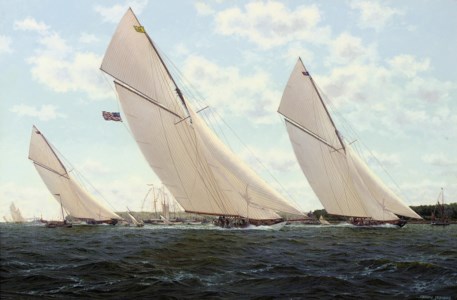 Vigilant and Britannia powering to windward off the Royal Yacht Squadron
