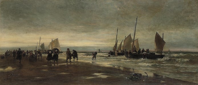 Dutch fisherfolk unloading the day's catch onto the beach at Scheveningen