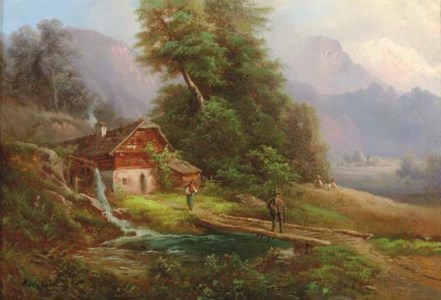 Figures outside a Watermill