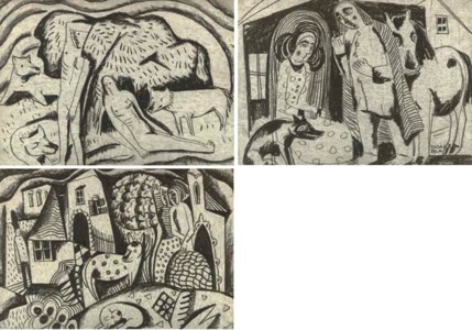 Nudes and Wolves; Village Scene with Church; Village Scene with Figures and Animals ( verso , Horse Abstraction)