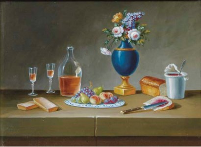 A vase of flowers, a platter of fruit and a bottle of wine with two glasses with other objects on a ledge; and eleven companions works