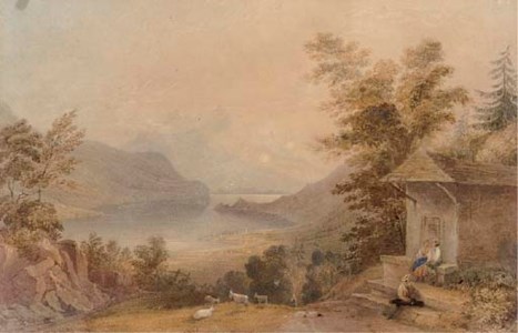 Figures conversing in a mountainous lake landscape