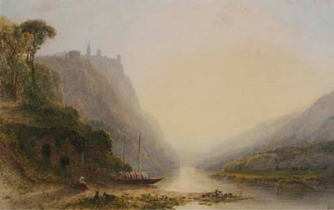 A capriccio view of an Italian hilltop monastery, figures resting on the bank of a river below