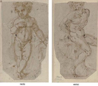 A standing putto looking down to the left ( recto ); A seated nude, his arms behind his back ( verso )