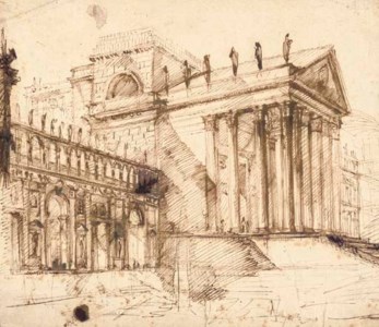 The portico and façade of an elaborate neo-classical building