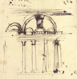The end wall of a palatial hall with columns supporting an architrave with arches above
