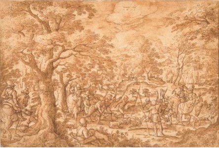 A stag hunt with huntsmen holding a stag at bay, an elegant horseman with a falcon and his companion riding sidesaddle to the right