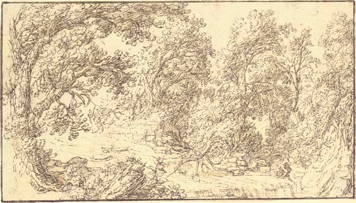 A river through a wood with a nymph fishing at a waterfall