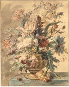 Flowers in a terracotta urn on a marble ledge, a snail to the left