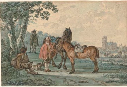 Horsemen on a path with Dordrecht in the distance