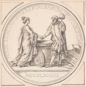 Alliance des corps Hélvétiques : An allegory of France shaking hands with a landsknecht, over an altar