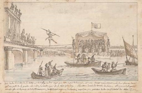 A tightrope walker crossing the Seine near the Concorde bridge in front of the governmental box on 15 August 1807