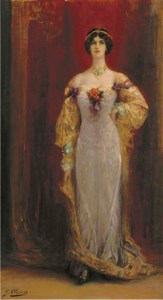 Portrait of Cléo de Mérode (1874-1965), small full-length, in a lilac and yellow dress