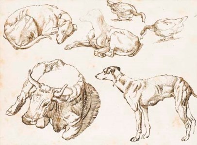 Etudes de trois lévriers, une vache et deux oies
