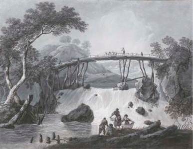 Un paysage de rivière avec un berger et ses moutons traversant un pont au dessus d'une cascade, des lavandières au premier plan