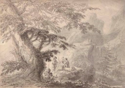 Travellers ascending a mountain