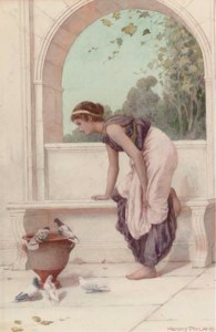 A classical maiden on a terrace with doves and pigeons