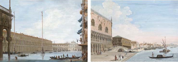 Venezia, la Riva degli Schiavoni verso est; e Venezia, piazza San Marco con l'acqua alta