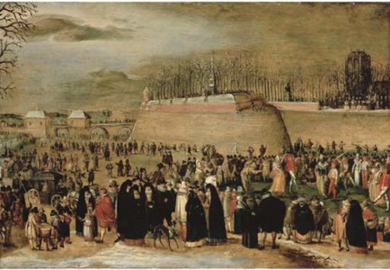 A winter carnival with figures on the ice before the Kipdorppoort Bastion in Antwerp