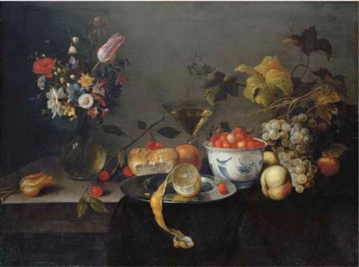 A tulip, a carnation, an iris and other flowers in a glass vase, wild strawberries in a Wan-li ' kraak ' porselain bowl, a partly-peeled lemon on a pewter platter with cherries, an orange, a wine glass, apples and grapes on a draped ledge