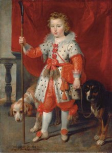 Portrait of a boy, traditionally called François de Boisschot, Comte d'Erps, full-length, in an ermine coat with red bows and red hose, on a balcony before a red curtain, with two dogs