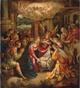 The Adoration of the Shepherds with the Annunciation to the Shepherds beyond