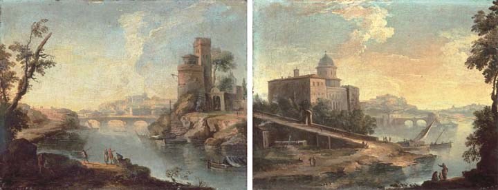 A capriccio view of the Tiber with the Ponte Sisto; and A capriccio with a palazzo by a river