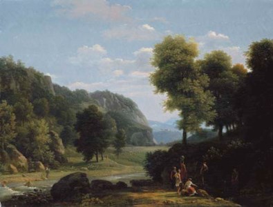 An Italianate landscape with women collecting water, a shepherd and his flock beyond; and An Italiante landscape with herdsmen watering at a stream, with a town beyond