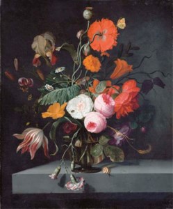 Roses, camomile, poppies, a tulip, carnations, amaryllis, a marigold, Morning Glory and an ear of corn with a beetle and an orange tip butterfly in a glass vase with a snail on a ledge