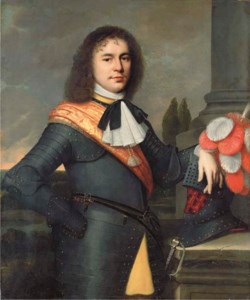 Portrait of a gentleman, three-quarter-length, in armour with an orange silk sash, resting his hand on his helmet, a landscape beyond