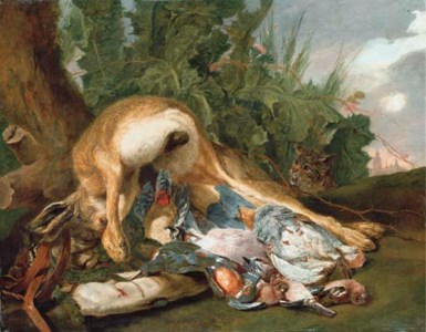 A hare, a kingfisher, a partridge, a jay and other birds with a cat, in a landscape