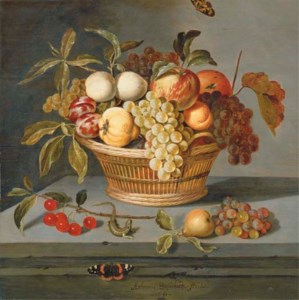 Grapes with a pear, an apricot, apples and plums in a wicker basket with a sprig of cherries, a lizard and a Red Admiral butterfly on a stone ledge