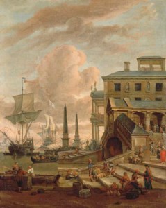A capriccio of a Mediterranean harbour with stevedores, orientals and elegant figures, with shipping beyond
