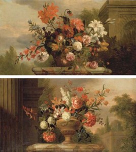Lilies, roses, morning glory and other flowers in a basket on a marble plinth, by a fountain in a garden; and Peonies, convolvulus, chrysanthemums and other flowers in a sculpted urn on a marble table, a park beyond