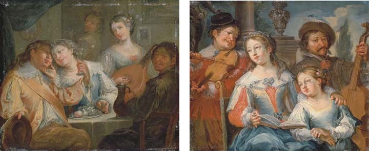 An amorous couple eating and drinking with musicians in an interior; and An elegant young woman and girl with musicians by a column, a landscape beyond